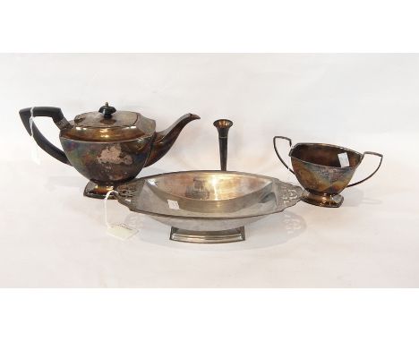 A quantity of silver plate including a tea service comprising teapot, sugar bowl and cream jug, a serving dish, another and a