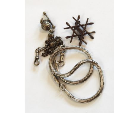 Silver-coloured watch chain with T-bar, engraved ball and chain pattern, EFDS (English Folk Dance Society) brooch and silver-
