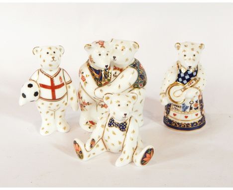 Royal Crown Derby Mini Teddy Bears to include Bear Hug, Teddy Bear Cook, teddy bear with a bow tie and 1966 Winners Bear, No.