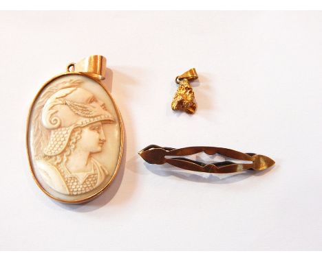 A carved shell cameo pendant with portrait of Hermes, oval, in gold-coloured mount, a 9ct gold bar brooch and a nugget pendan