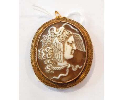 Victorian gold and carved shell cameo brooch with portrait of Medusa 