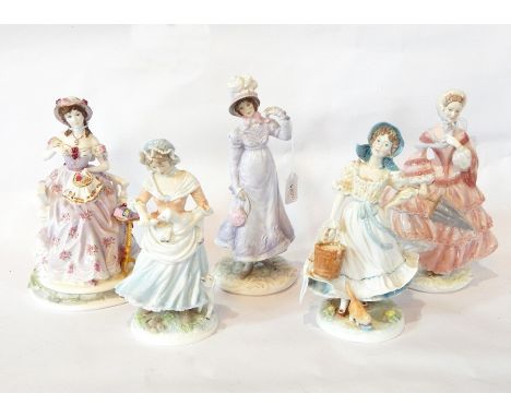 Royal Worcester china figures including "Walking out Dresses 1818 Regency", The Old Country Ways" 'The Shepherdess', Walking 