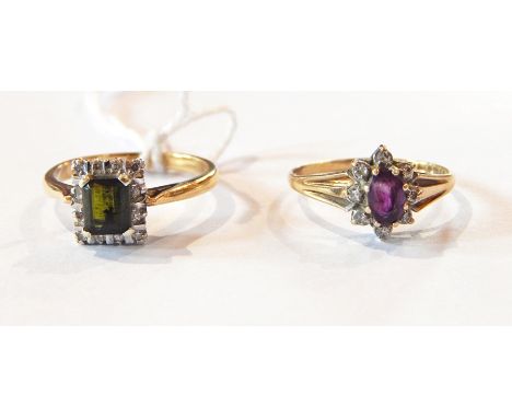 A 9ct gold, amethyst and white stone cluster ring, a gold-coloured metal, green tourmaline and white stone cluster ring and a