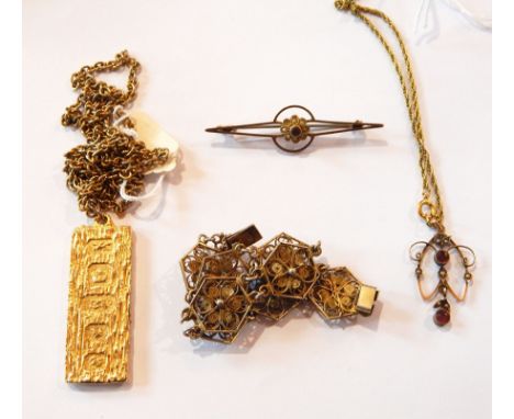 A 9ct gold and blue stone bar brooch, a 9ct gold openwork seedpearl and amethyst pendant, a chain necklace and a filigree bra