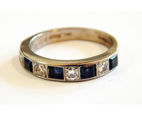 18ct white gold, sapphire and diamond half-eternity ring set four diamonds and five square cut sapphires 