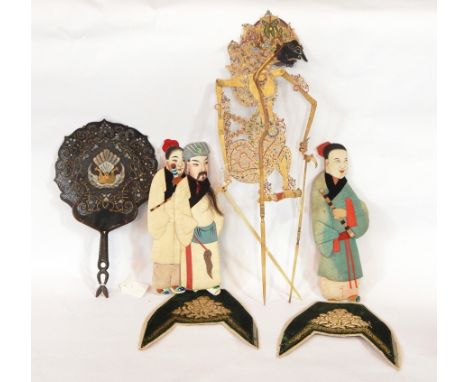 Small quantity of Oriental collectibles to include three padded silk and carved figures, painted fan, pair silk embroidered a