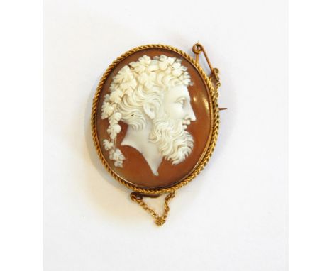 Victorian carved shell cameo brooch with classical profile portrait of bearded male, possibly Bacchus, 4cm high 