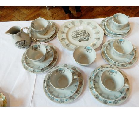 A Wedgwood Eric Ravilious "Travel" pattern tea service decorated with hot air balloons and trains (12) 