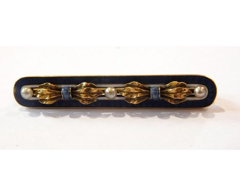 Gold, enamel and pearl bar brooch set three pearls alternating bunches stylised leaves on a blue and white enamel ground, mar