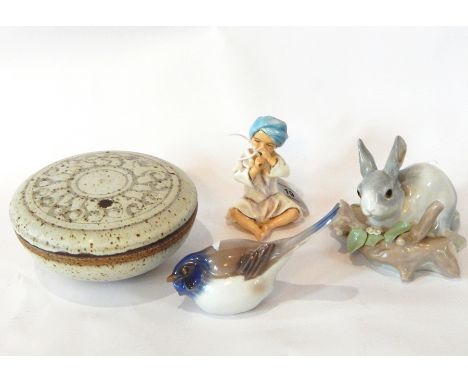 A Bing & Grondahl porcelain bird, Lladro rabbit, a stoneware bowl and lid and a Royal Worcester seated figure (4) 