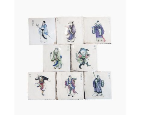 A set of eight Chinese late 19th/early 20th century ceramic tiles, each decorated with a male figure, 13cm 