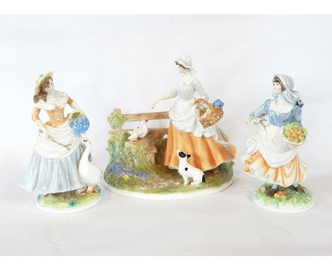Three Royal Worcester china figures including "Bluebell Time", "Goose Girl" and "Rosie Picking Apples" 