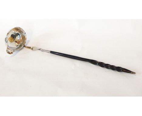 A Georgian silver punch ladle with inset gold coin dated 1801 and a spiral turned horn handle 