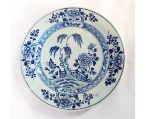 Chinese blue and white bowl with prunus blossom above frieze of reserves interspersed with weave design and having central tr