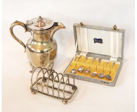 A quantity of silver plate including flatware, coffee pot, a pair of wine coasters, a toast rack, boxed coffee bean coffee sp