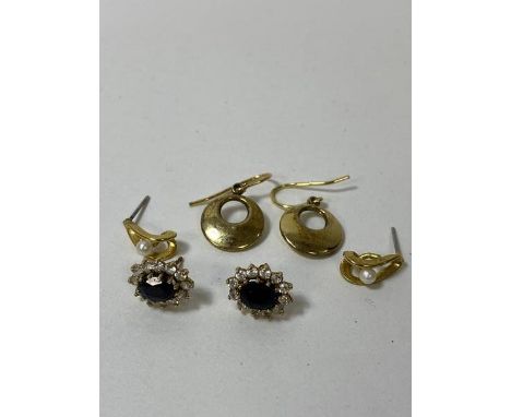 Three pairs of earrings including silver and 9ct gold bonded circular earrings, pair of pearl earrings and sapphire cluster e