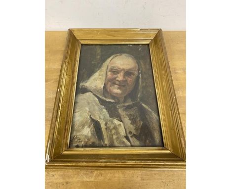 A continental school portrait of a monk, oil, signed indistinctly bottom left, measures 27cm x 19cm