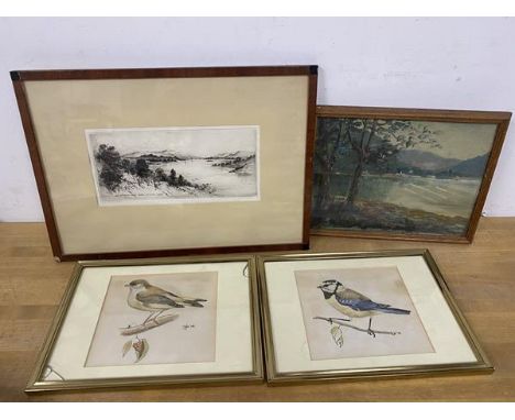 James McArdle, Loch Rannoch, drypoint etching, signed bottom right, paper label verso, measures 11cm x 22cm, two watercolours