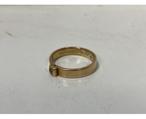 A Victorian yellow metal ring set with old mine cut diamond, inscribed to interior Charlie 30 April 1888, size M