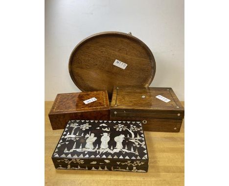 A mixed lot including a 19thc jewellery box with hinged lid, a later box with hinged lid, Japanese lacquered and mother of pe