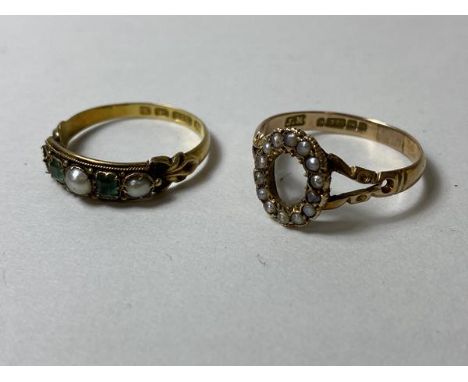 An 1897 15ct Birmingham gold ring with pearls separated by green stones, one pearl missing, size P and an Edwardian 9ct gold 