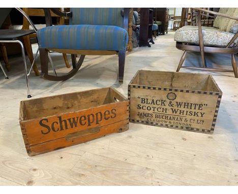 A vintage Black and White Scotch Whisky crate and a Schwepps soda crate, Black and White measures 22cm x 43cm x 30cm