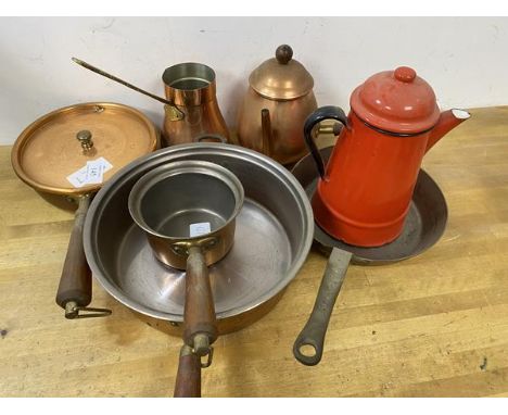 A quantity of copperware including pans, chocolate pots also a red enamel coffee pot which measures 20cm high (a lot)