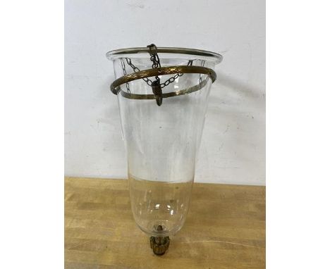 A conical shaped glass ceiling light pendant with metal fittings measures 34cm high