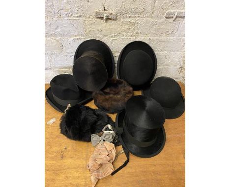 A collection of hats including top hat, bowlers, fur hat, also a collection of bow ties, clip on bow ties (a lot)