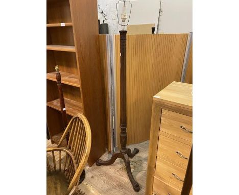 A Georgian style inlaid and carved mahogany standard light, on triple splay supports with hairy paw feet, H162cm (Excluding l