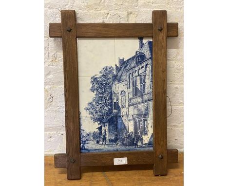 A tile wall art comprised of six tiles depicting city scene with figures in oak frame, measures 43cm x 28cm (the tiles)
