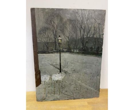 Geoffrey Squire, (British) (1923-2012), Winter Scene with Street Light, oil, signed and dated 1955 verso, a/f, measures 61cm 