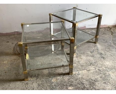 Peirre Vandel, A pair of contemporary brass, chrome and glass two tier lamp tables, H50cm, W58cm. D58cm