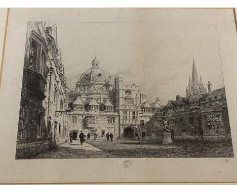 H Toussaint, university courtyard, etching, framed measures 22cm x 28cm