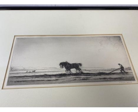Douglas MacLeod, Ploughing Kintyre, etching, signed in pencil bottom right, measures 16cm x 33cm