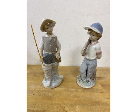 Two Lladro figures, one of child with fishing rod repair to neck, measures 23cm high another of boy with baseball bat, additi