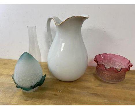 A mixed lot including a lampshade of foliate design in hews of green, some losses, measures 18cm high, a pink to clear glass 
