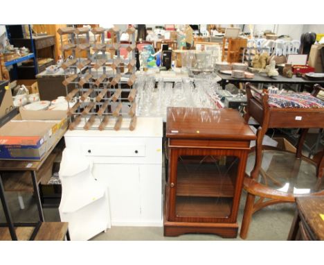 A hi-fi stand; a white painted side cupboard; corner shelf; and a wine rack