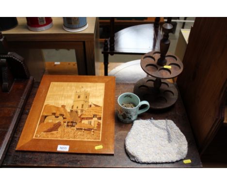 A wooden inlaid marquetry panel ; an evening purse; a Liberty mug etc. 