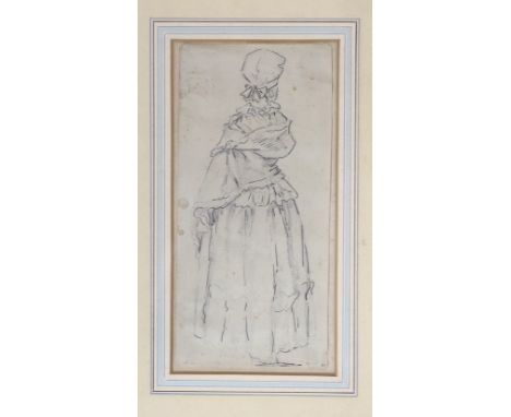 18th century English School, pen and ink, Sketch from Life of a woman's costume, 20 x 9.5cm