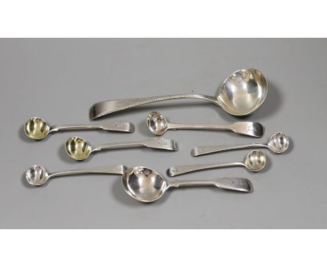 A composite set of six George III Old English pattern and fiddle pattern spoons for condiments, a William IV silver caddy spo