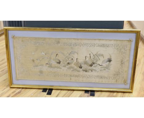 A Japanese silkwork panel, 39cm x 122cm
