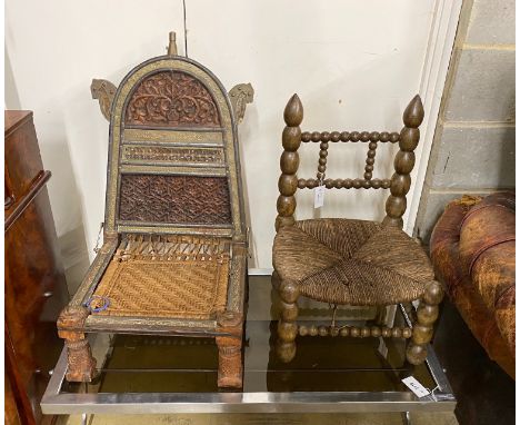 A bobbin chair and a Turkish carved hardwood low chair