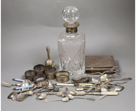 Mixed silver items etc. including a modern silver collared glass decanter, cigarette box, 800 standard white metal cake tongs