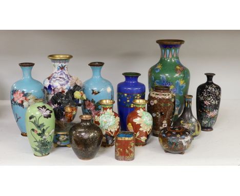 A group of Chinese and Japanese cloisonné enamel vases etc. tallest 22cm
