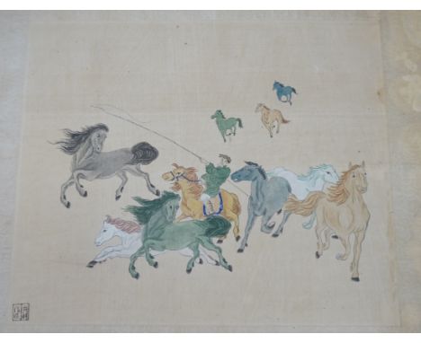 Chinese School, print and watercolour on silk, Horses and rider, 30 x 35cm