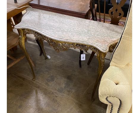 A cast brass console table with serpentine marble top, width 110cm, height 74cm