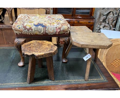 A George I style mahogany tapestry top dressing stool and three rustic stools