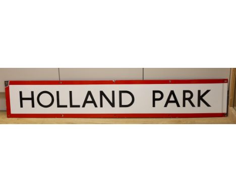 A London Underground enamel frieze panel sign, for Holland Park, 132 cms long, by J. Bruton and Sons