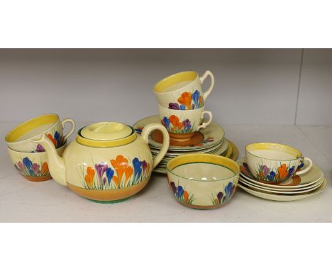 A group of Clarice Cliff crocus pattern tea wares, teapot 22 cm across